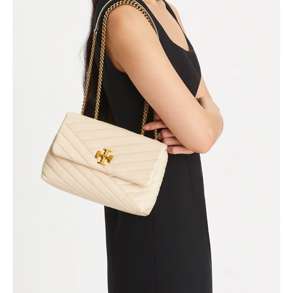 New Tory Burch Kira Chevron Leather Convertible Shoulder Bag Cream